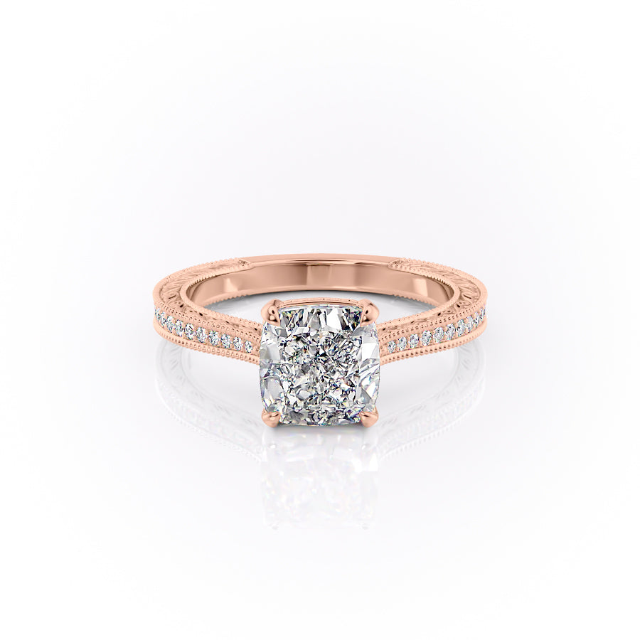 The Pave Cathedral Sierra. A Rose Gold Vintage Engagement Ring Set With A 2ct Cushion Lab Grown Diamond. White Background.