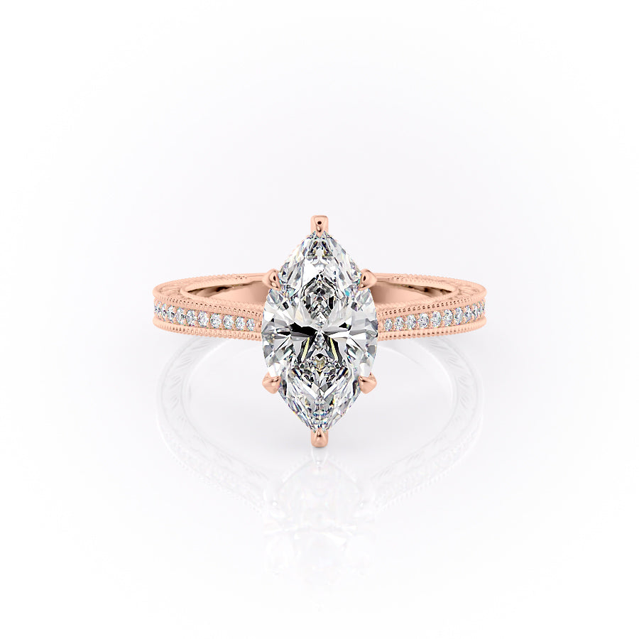 The Pave Cathedral Sierra. A Rose Gold Vintage Engagement Ring Set With A 2ct Marquise Lab Grown Diamond. White Background.