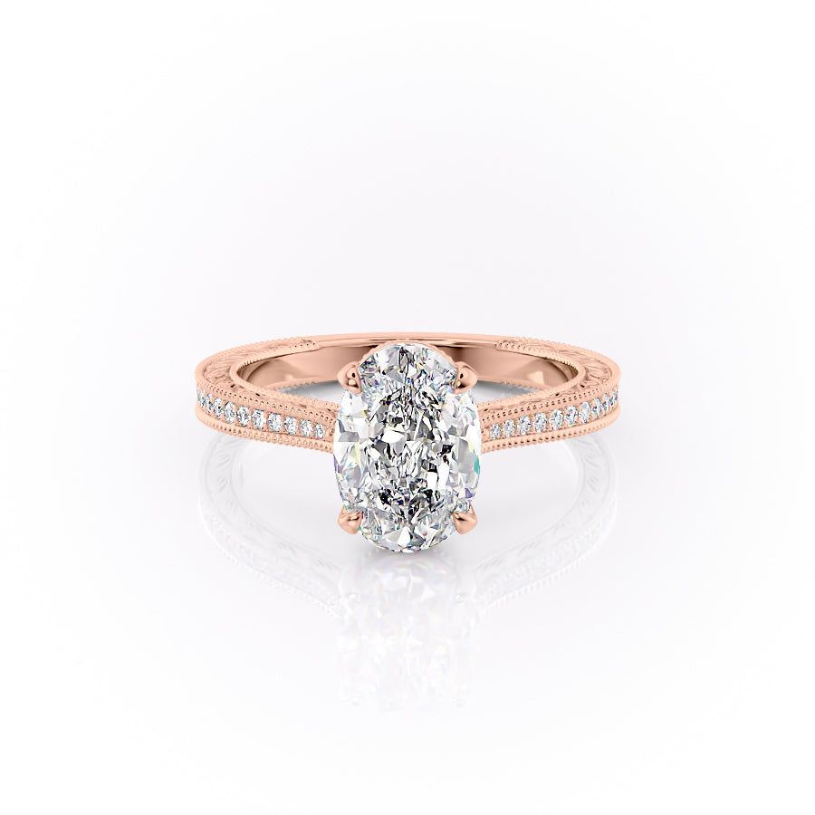 The Pave Cathedral Sierra. A Rose Gold Vintage Engagement Ring Set With A 2ct Oval Lab Grown Diamond. White Background.