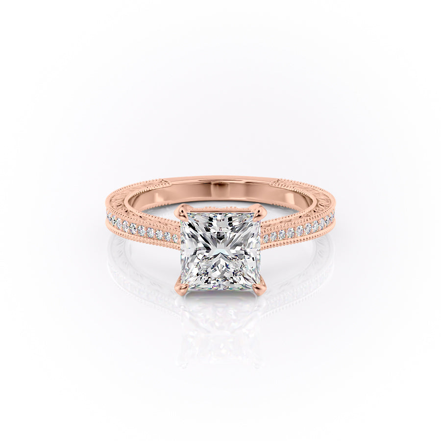 The Pave Cathedral Sierra. A Rose Gold Vintage Engagement Ring Set With A 2ct Princess Lab Grown Diamond. White Background.