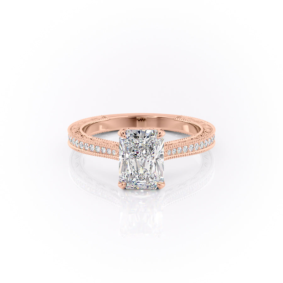 The Pave Cathedral Sierra. A Rose Gold Vintage Engagement Ring Set With A 2ct Radiant Lab Grown Diamond. White Background.