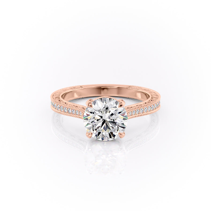 The Pave Cathedral Sierra. A Rose Gold Vintage Engagement Ring Set With A 2ct Round Lab Grown Diamond. White Background.