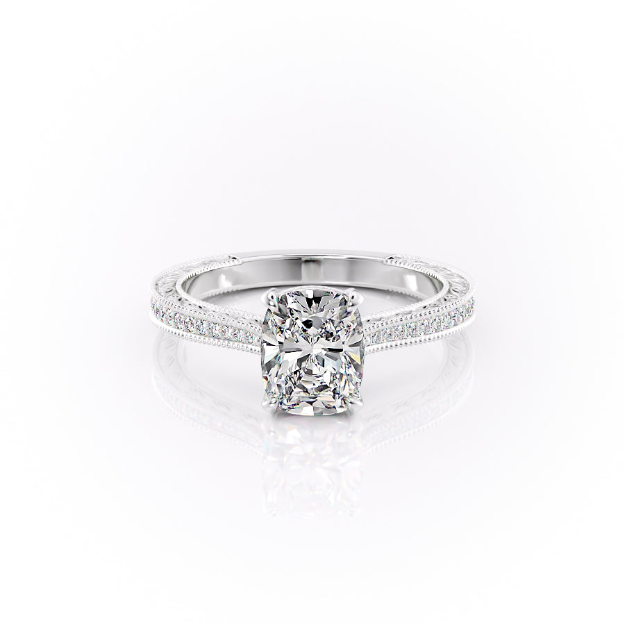 The Pave Cathedral Sierra. A White Gold Vintage Engagement Ring Set With A 2ct Elongated Cushion Lab Grown Diamond. White Background.