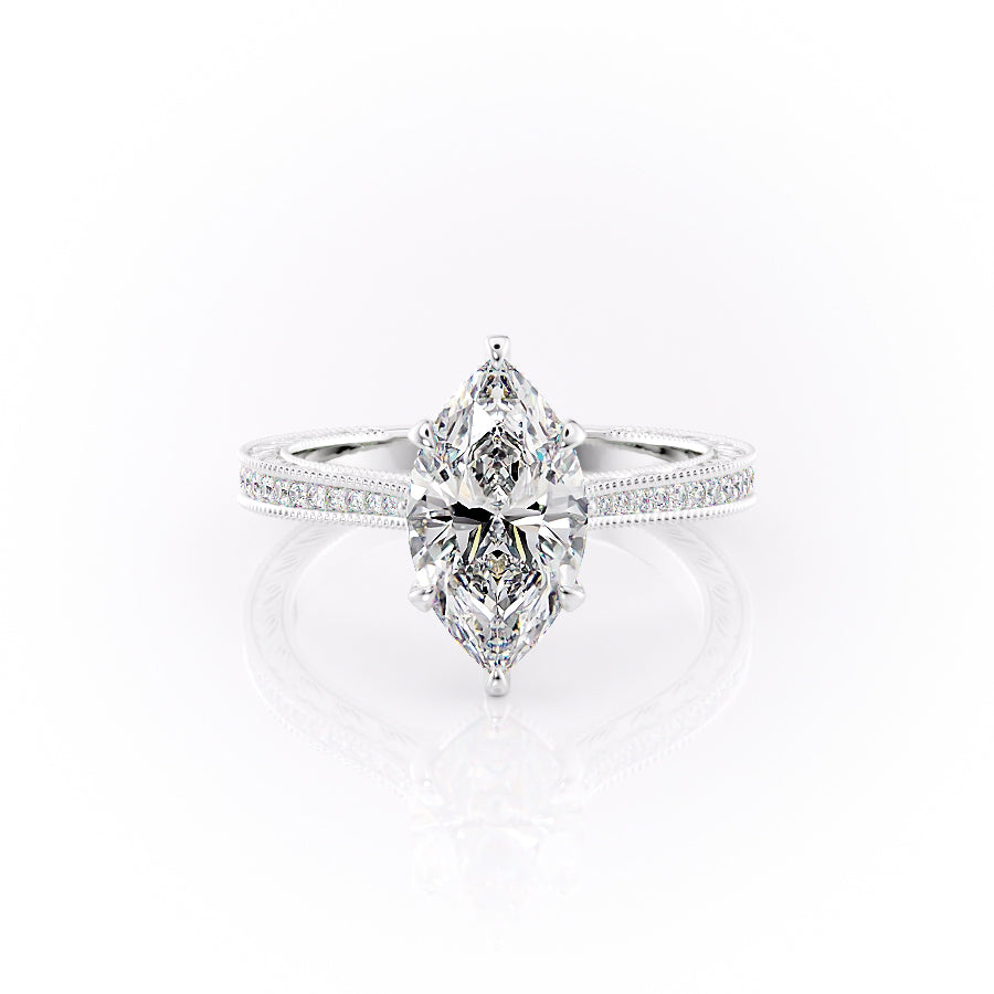 The Pave Cathedral Sierra. A White Gold Vintage Engagement Ring Set With A 2ct Marquise Lab Grown Diamond. White Background.