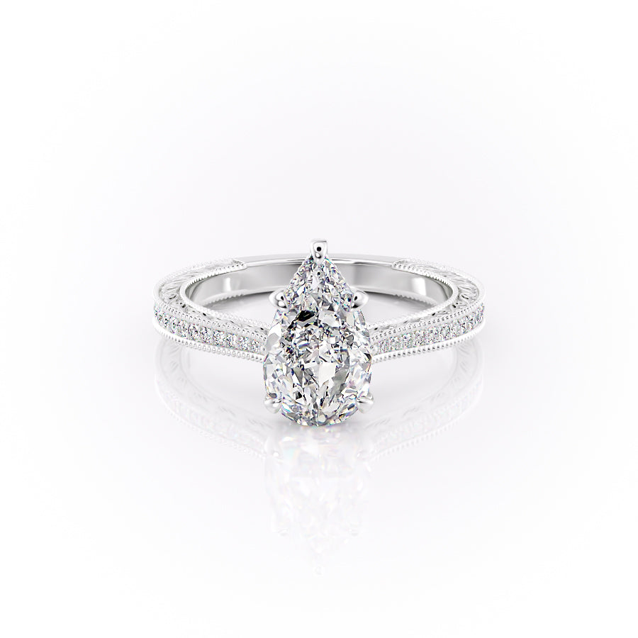 The Pave Cathedral Sierra. A White Gold Vintage Engagement Ring Set With A 2ct Pear Lab Grown Diamond. White Background.