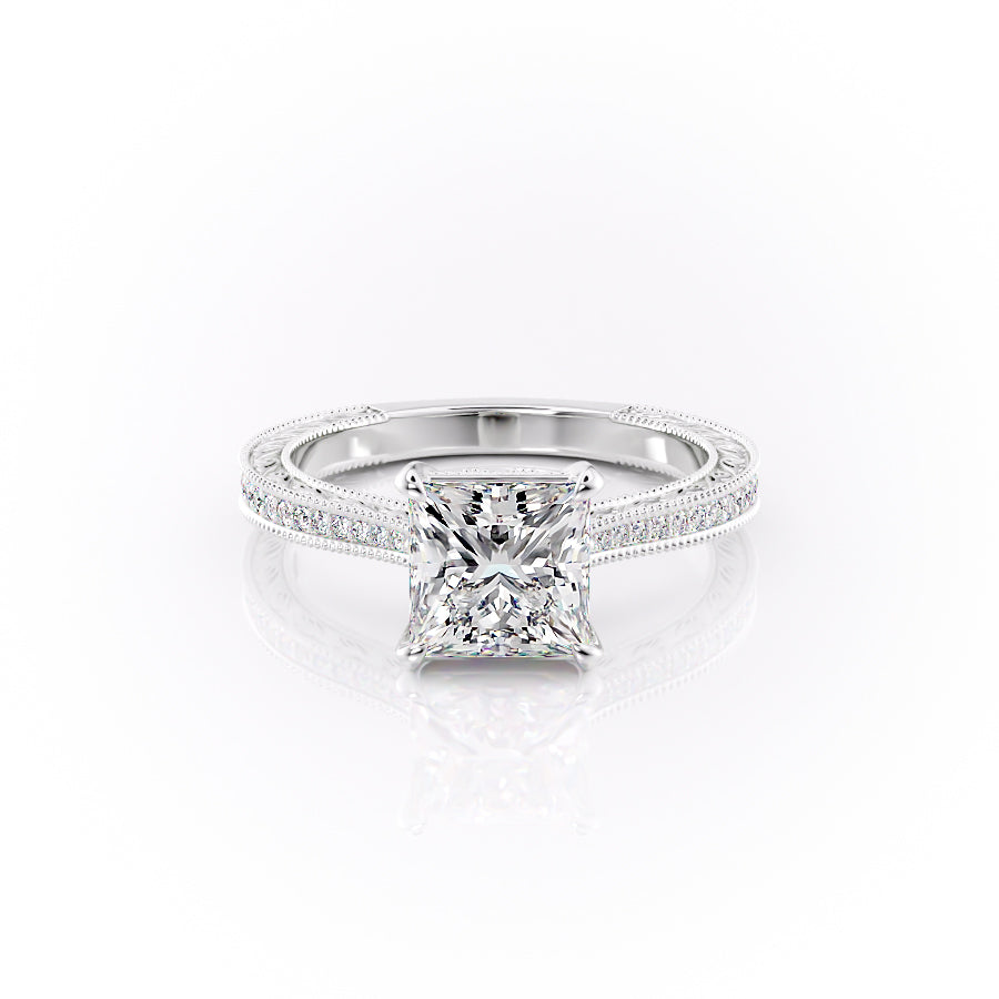 The Pave Cathedral Sierra. A White Gold Vintage Engagement Ring Set With A 2ct Princess Lab Grown Diamond. White Background.