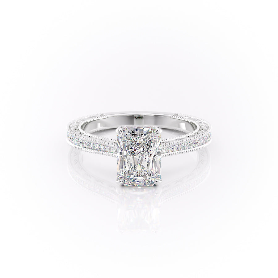 The Pave Cathedral Sierra. A White Gold Vintage Engagement Ring Set With A 2ct Radiant Lab Grown Diamond. White Background.