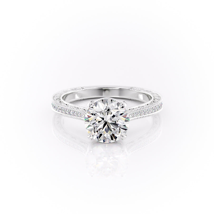 The Pave Cathedral Sierra. A White Gold Vintage Engagement Ring Set With A 2ct Round Lab Grown Diamond. White Background.