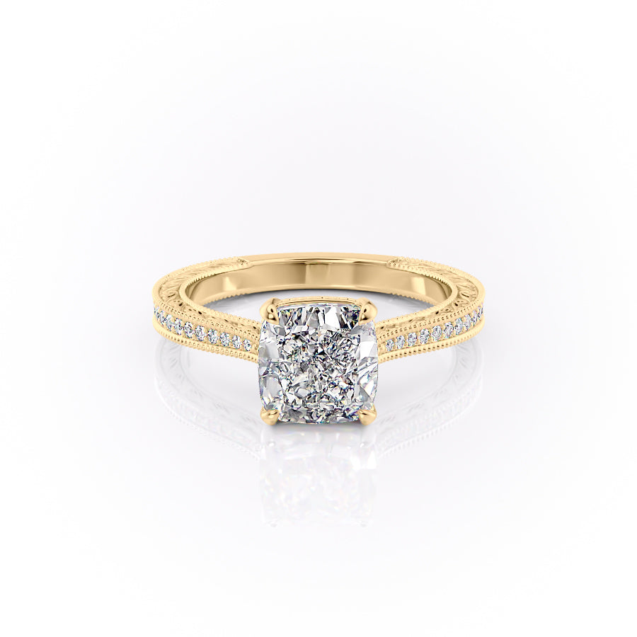 The Pave Cathedral Sierra. A Yellow Gold Vintage Engagement Ring Set With A 2ct Cushion Lab Grown Diamond. White Background.