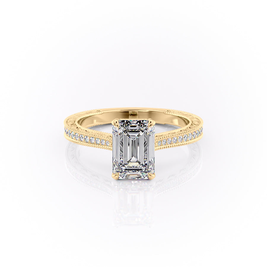 The Pave Cathedral Sierra. A Yellow Gold Vintage Engagement Ring Set With A 2ct Emerald Lab Grown Diamond. White Background.