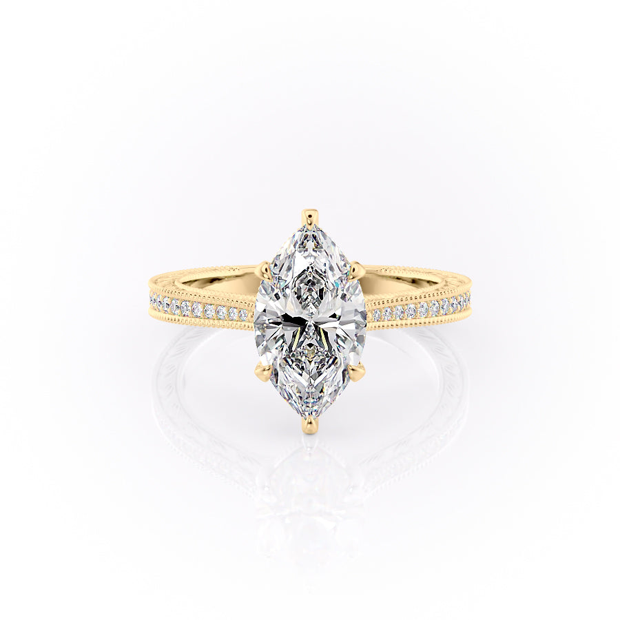 The Pave Cathedral Sierra. A Yellow Gold Vintage Engagement Ring Set With A 2ct Marquise Lab Grown Diamond. White Background.