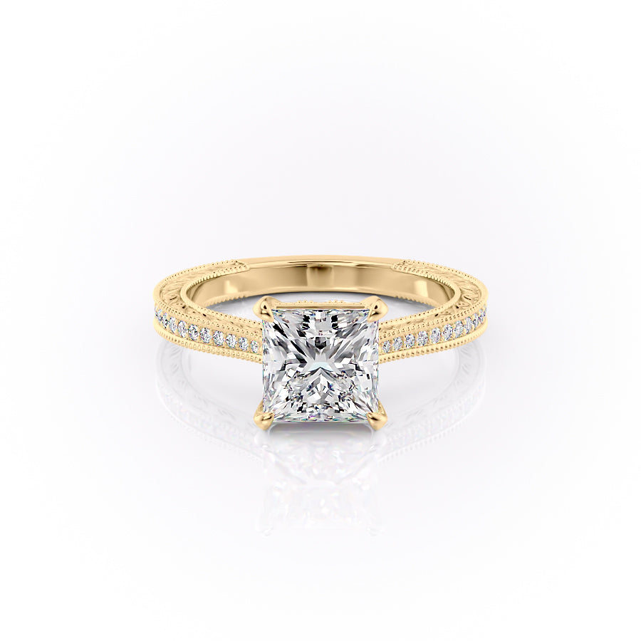 The Pave Cathedral Sierra. A Yellow Gold Vintage Engagement Ring Set With A 2ct Princess Lab Grown Diamond. White Background.