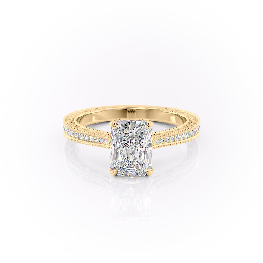 The Pave Cathedral Sierra. A Yellow Gold Vintage Engagement Ring Set With A 2ct Radiant Lab Grown Diamond. White Background.