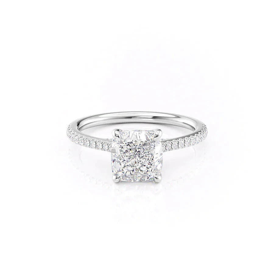 The Pave Claire. A White Gold Engagement Ring Set With A 2ct Cushion Lab Grown Diamond. White Background.