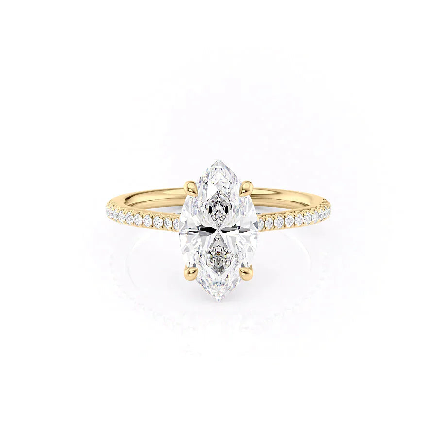 The Pave Claire. A Yellow Gold Engagement Ring Set With A 2ct Marquise Lab Grown Diamond. White Background.