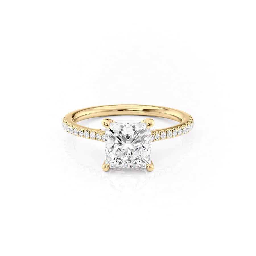 The Pave Claire. A Yellow Gold Engagement Ring Set With A 2ct Princess Lab Grown Diamond. White Background.