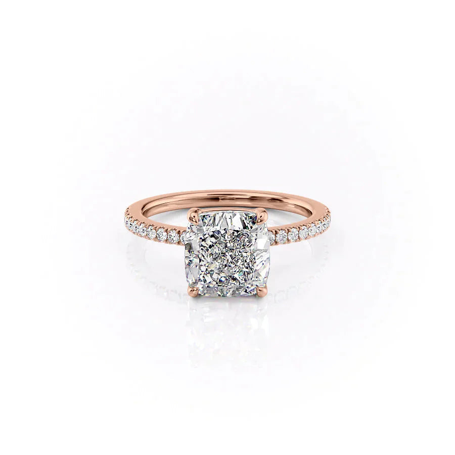 The Pave Eleanor. A Rose Gold Engagement Ring Set With A 2ct Cushion Lab Grown Diamond. White Background.