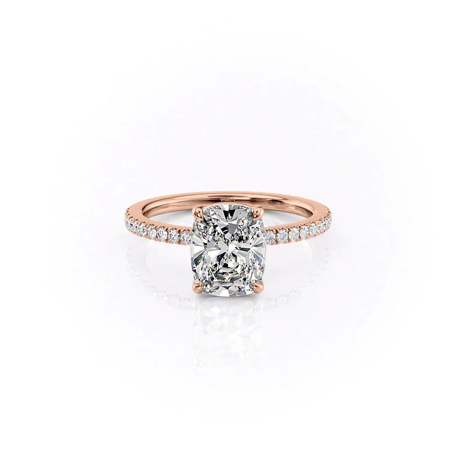 The Pave Eleanor. A Rose Gold Engagement Ring Set With A 2ct Elongated Cushion Lab Grown Diamond. White Background.