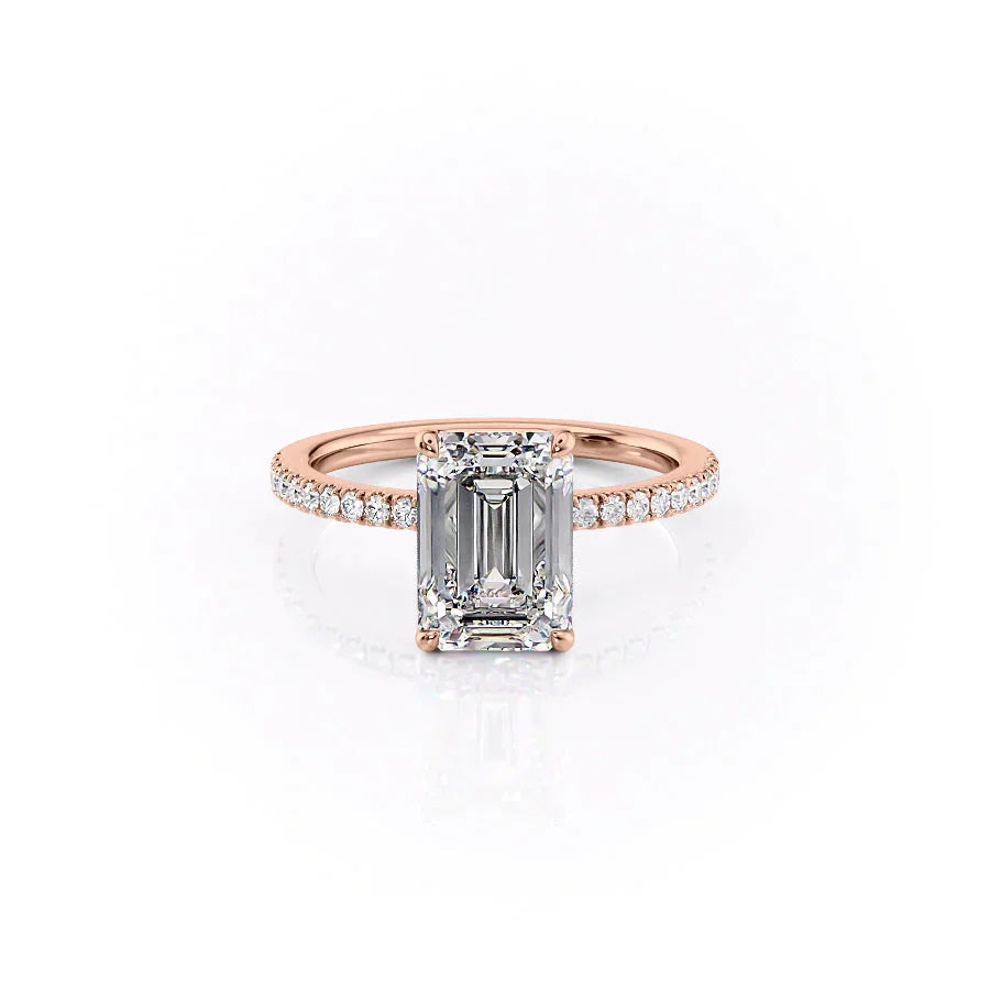The Pave Eleanor. A Rose Gold Engagement Ring Set With A 2ct Emerald Lab Grown Diamond. White Background.