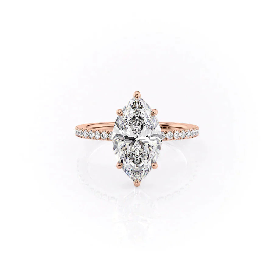 The Pave Eleanor. A Rose Gold Engagement Ring Set With A 2ct Marquise Lab Grown Diamond. White Background.