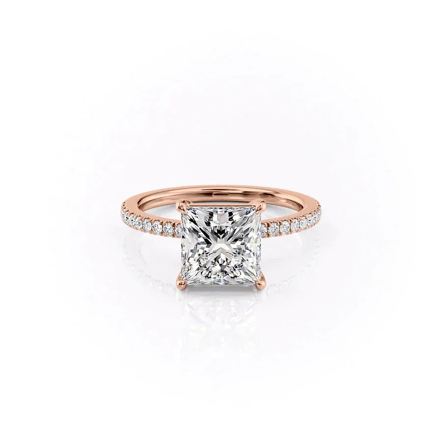 The Pave Eleanor. A Rose Gold Engagement Ring Set With A 2ct Princess Lab Grown Diamond. White Background.