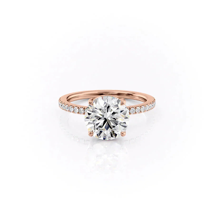 The Pave Eleanor. A Rose Gold Engagement Ring Set With A 2ct Round Lab Grown Diamond. White Background.