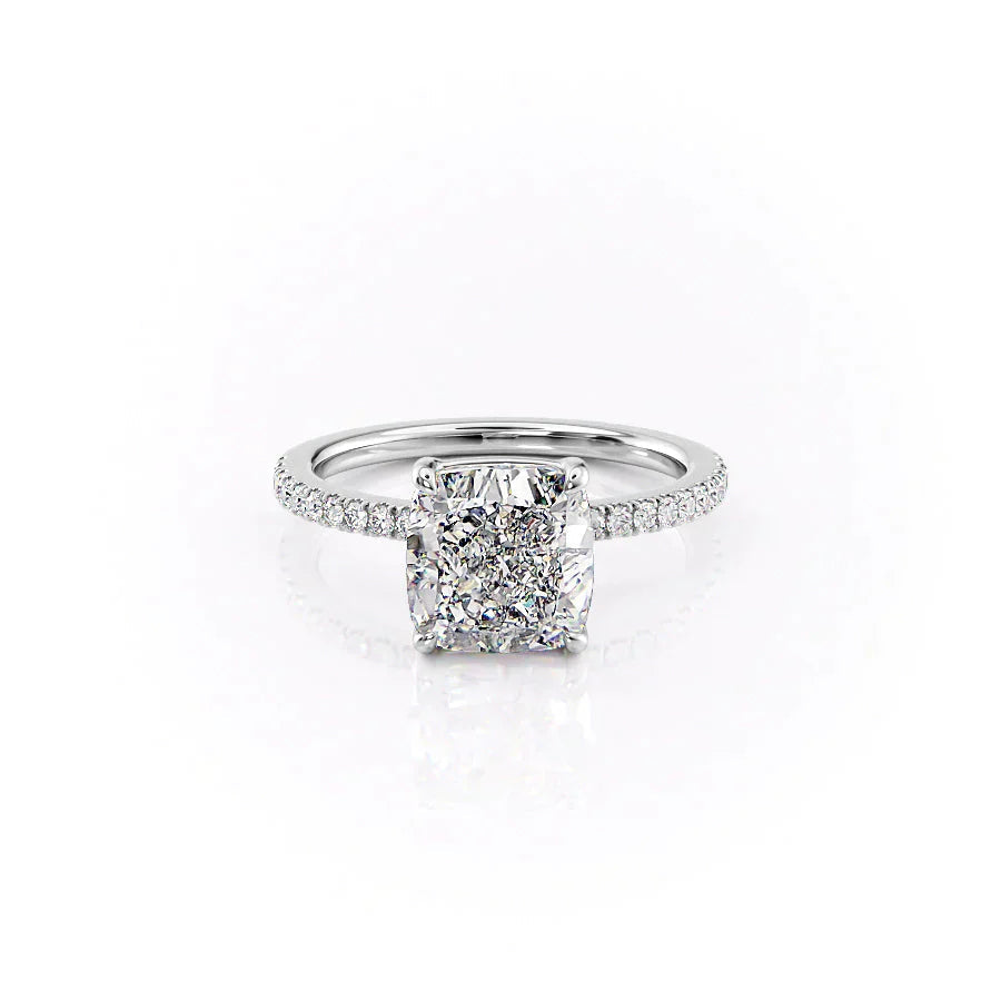 The Pave Eleanor. A White Gold Engagement Ring Set With A 2ct Cushion Lab Grown Diamond. White Background.