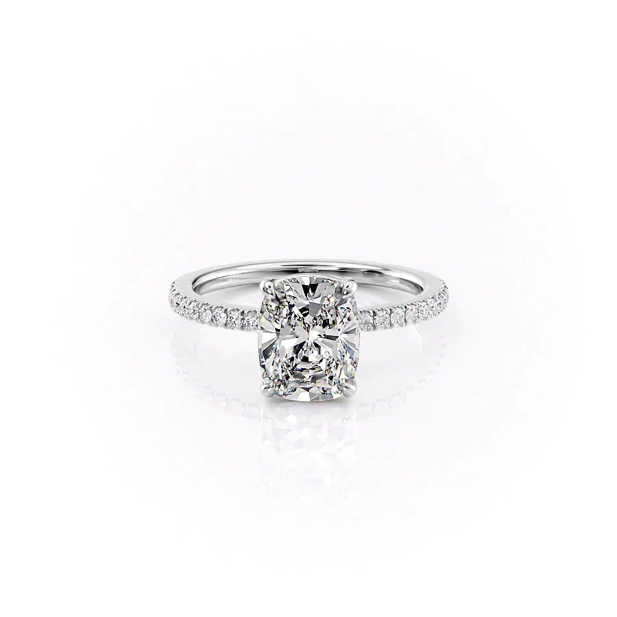 The Pave Eleanor. A White Gold Engagement Ring Set With A 2ct Elongated Cushion Lab Grown Diamond. White Background.