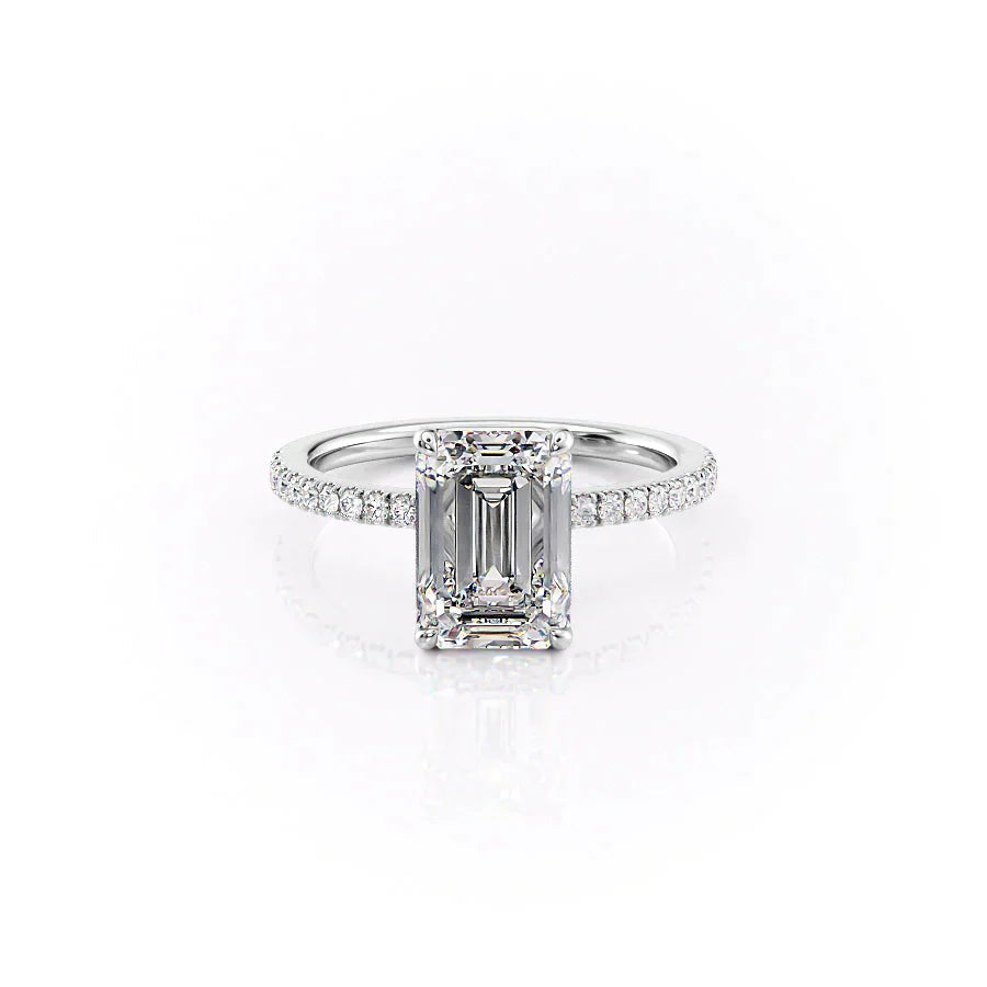 The Pave Eleanor. A White Gold Engagement Ring Set With A 2ct Emerald Lab Grown Diamond. White Background.