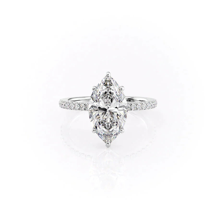 The Pave Eleanor. A White Gold Engagement Ring Set With A 2ct Marquise Lab Grown Diamond. White Background.