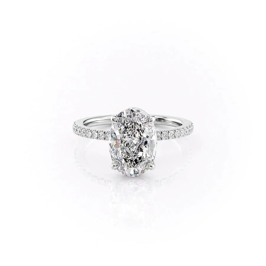 The Pave Eleanor. A White Gold Engagement Ring Set With A 2ct Oval Lab Grown Diamond. White Background.