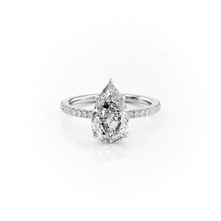 The Pave Eleanor. A White Gold Engagement Ring Set With A 2ct Pear Lab Grown Diamond. White Background.
