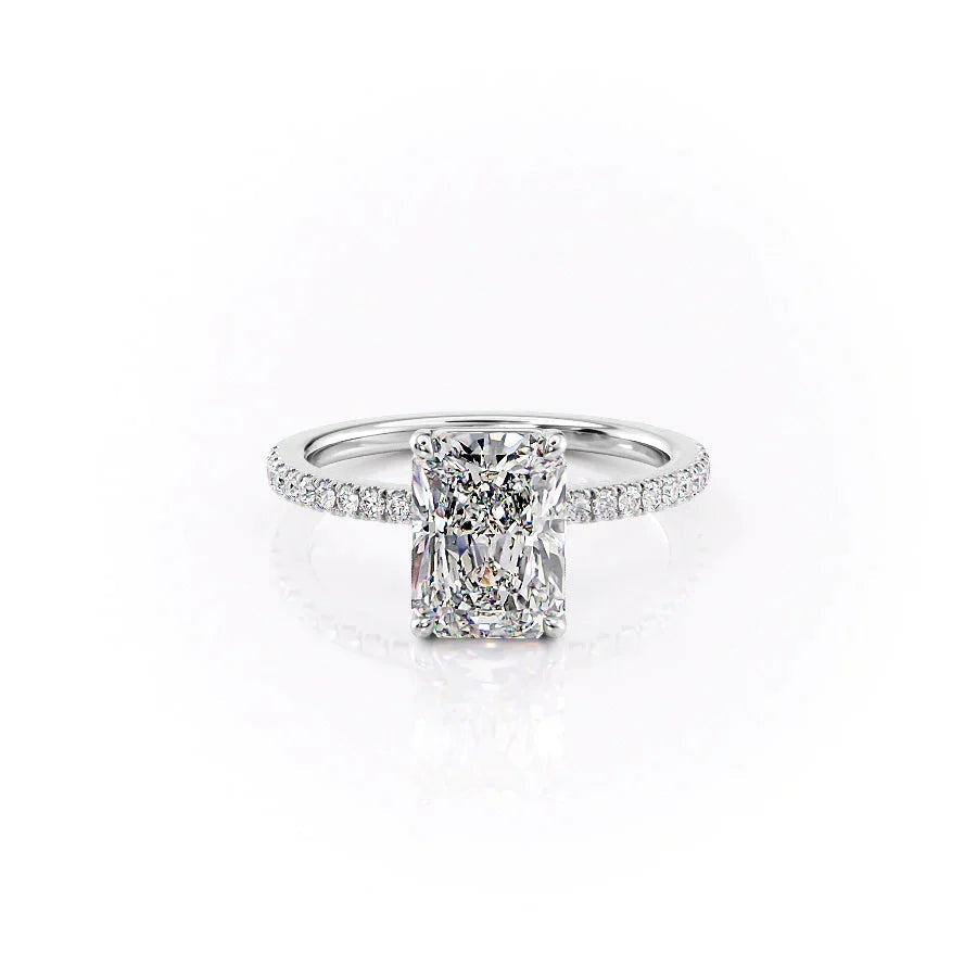 The Pave Eleanor. A White Gold Engagement Ring Set With A 2ct Radiant Lab Grown Diamond. White Background.