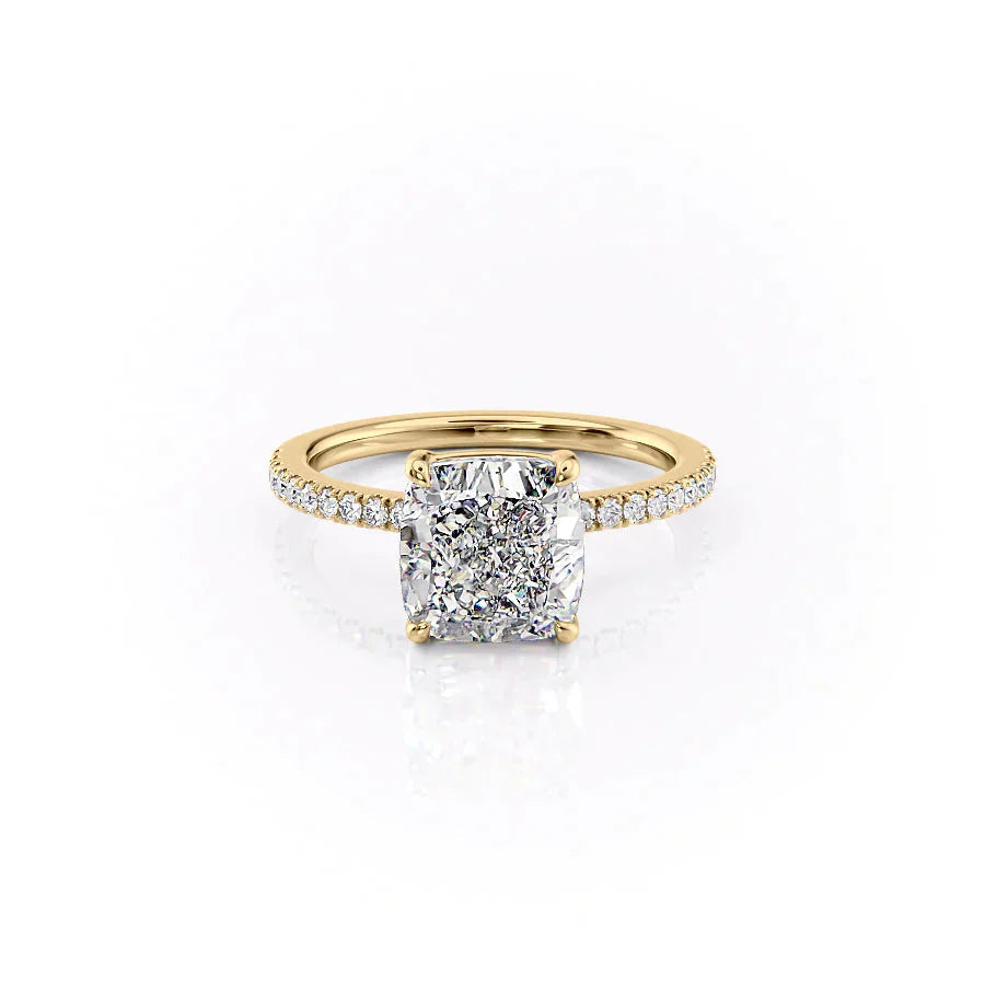 The Pave Eleanor. A Yellow Gold Engagement Ring Set With A 2ct Cushion Lab Grown Diamond. White Background.