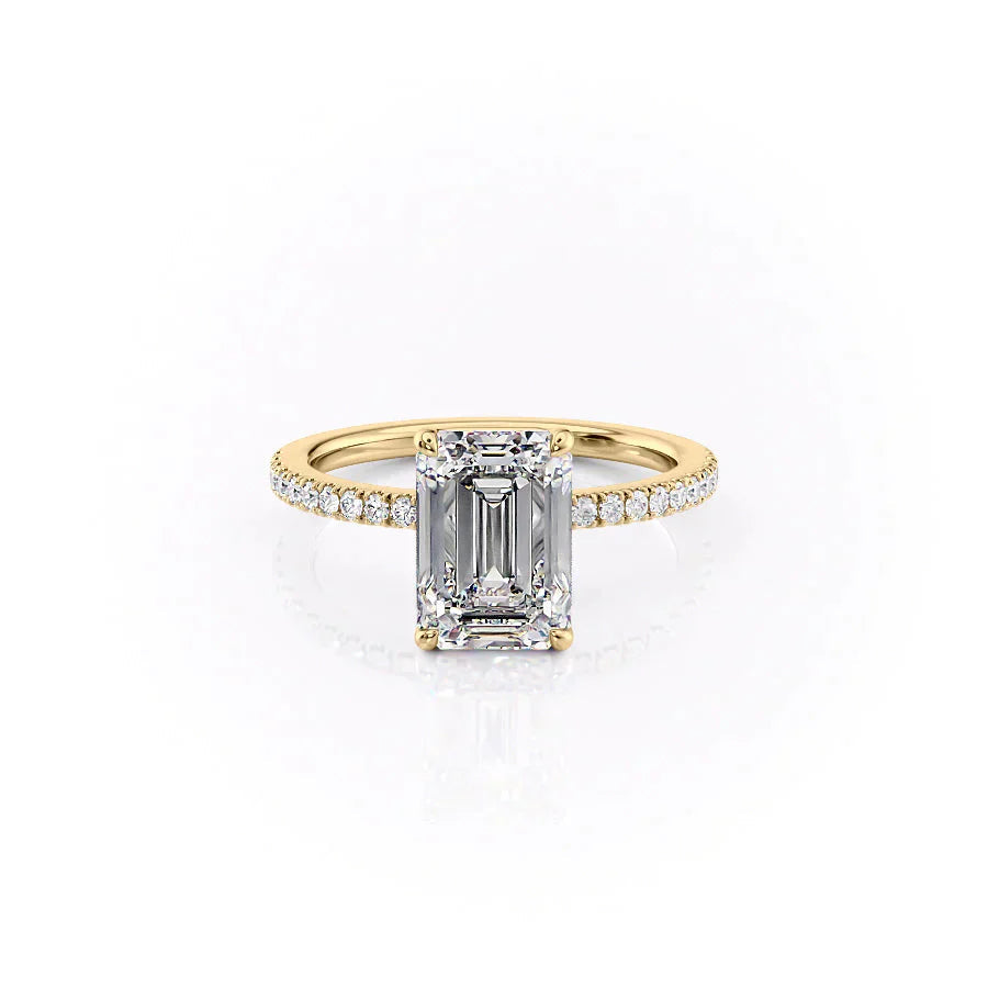 The Pave Eleanor. A Yellow Gold Engagement Ring Set With A 2ct Emerald Lab Grown Diamond. White Background.
