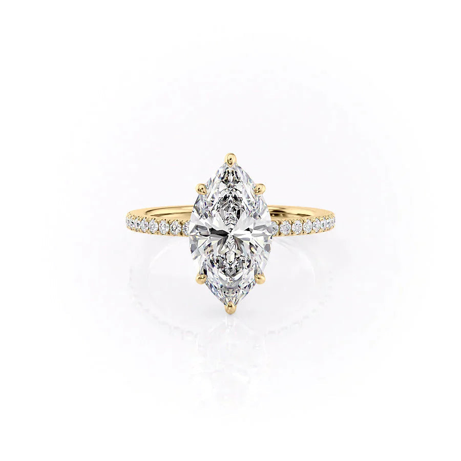 The Pave Eleanor. A Yellow Gold Engagement Ring Set With A 2ct Marquise Lab Grown Diamond. White Background.