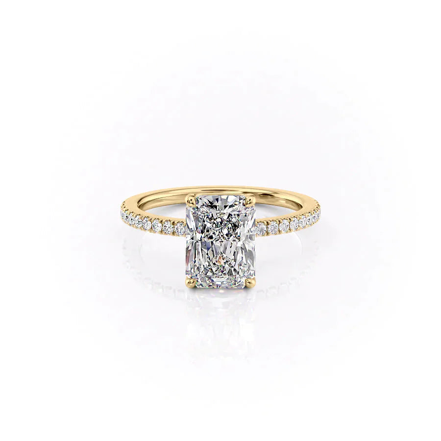 The Pave Eleanor. A Yellow Gold Engagement Ring Set With A 2ct Radiant Lab Grown Diamond. White Background.