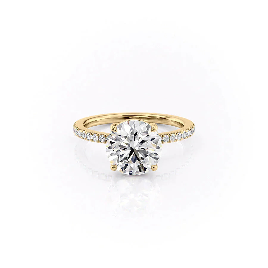 The Pave Eleanor. A Yellow Gold Engagement Ring Set With A 2ct Round Lab Grown Diamond. White Background.