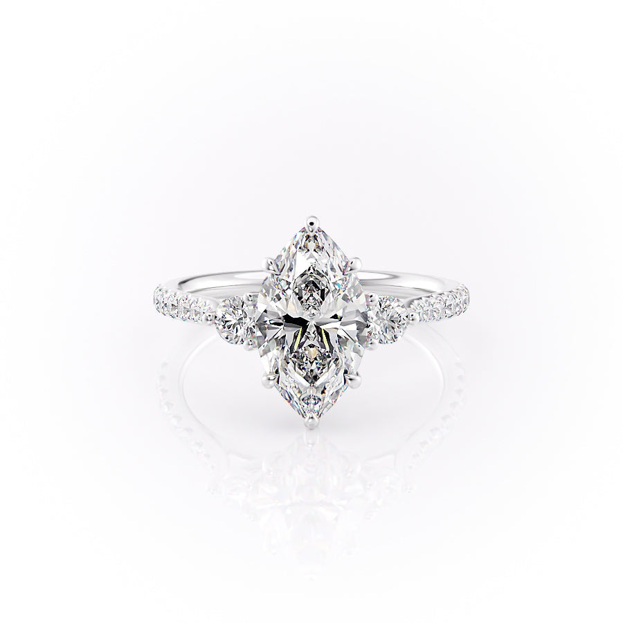 The Pave Lia. A White Gold Three Stone Engagement Ring Set With A 2ct Marquise Lab Grown Diamond. White Background.