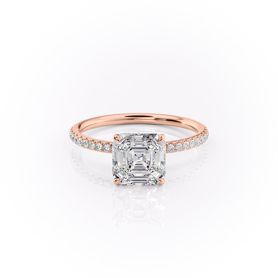 The Pave Lily. A Rose Gold Nature Engagement Ring Set With A 2ct Asscher Lab Grown Diamond. White Background.