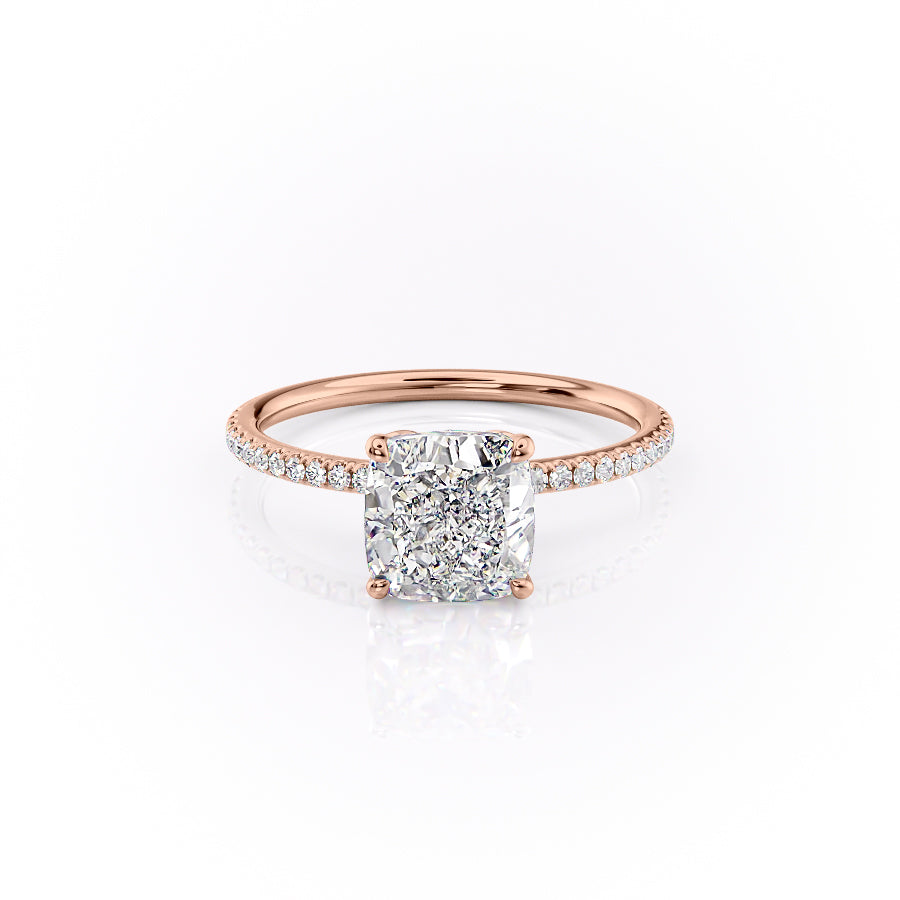 The Pave Lily. A Rose Gold Nature Engagement Ring Set With A 2ct Cushion Lab Grown Diamond. White Background.