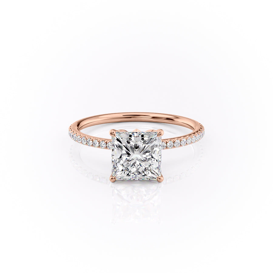 The Pave Lily. A Rose Gold Nature Engagement Ring Set With A 2ct Princess Lab Grown Diamond. White Background.