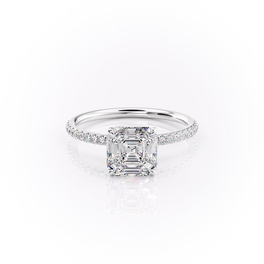 The Pave Lily. A White Gold Nature Engagement Ring Set With A 2ct Asscher Lab Grown Diamond. White Background.