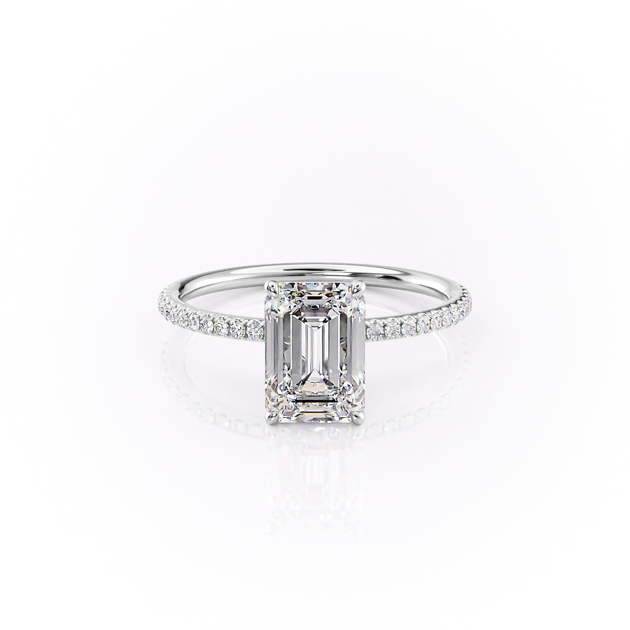 The Pave Lily. A White Gold Nature Engagement Ring Set With A 2ct Emerald Lab Grown Diamond. White Background.