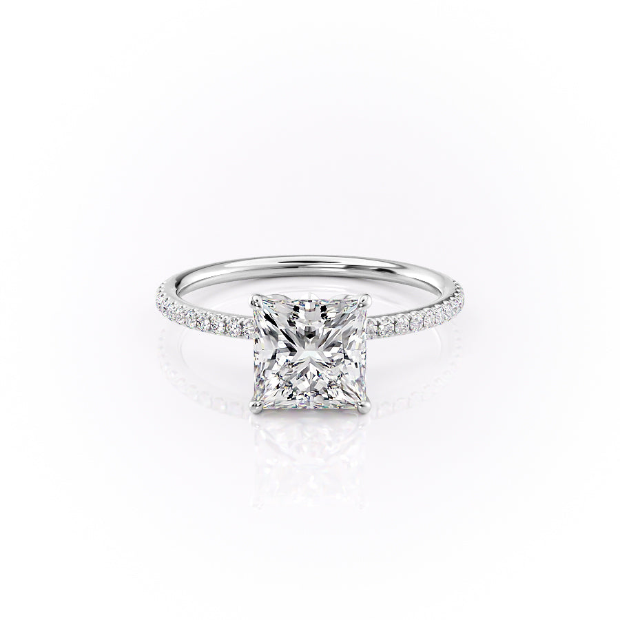 The Pave Lily. A White Gold Nature Engagement Ring Set With A 2ct Princess Lab Grown Diamond. White Background.