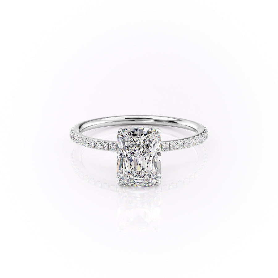 The Pave Lily. A White Gold Nature Engagement Ring Set With A 2ct Radiant Lab Grown Diamond. White Background.