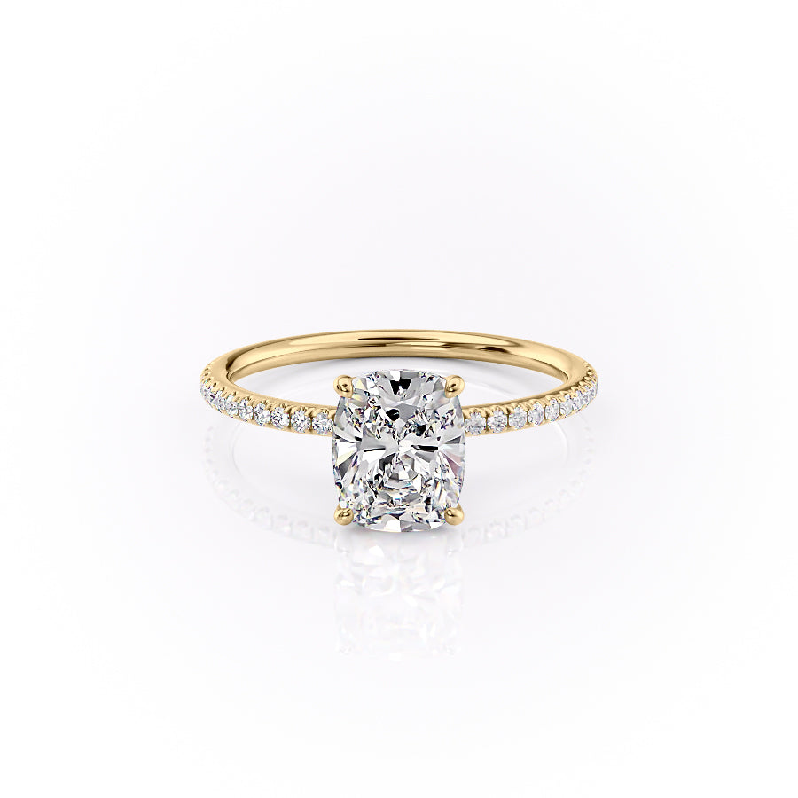 The Pave Lily. A Yellow Gold Nature Engagement Ring Set With A 2ct Elongated Cushion Lab Grown Diamond. White Background.