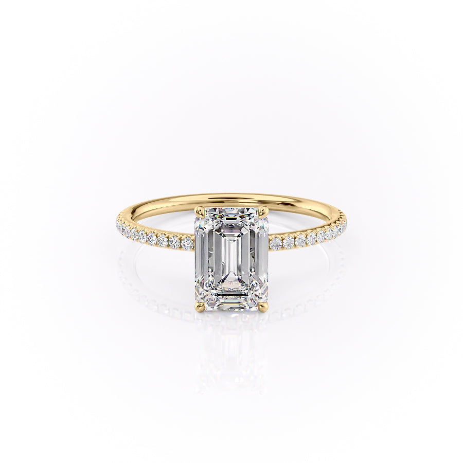 The Pave Lily. A Yellow Gold Nature Engagement Ring Set With A 2ct Emerald Lab Grown Diamond. White Background.