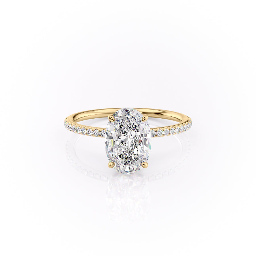 The Pave Lily. A Yellow Gold Nature Engagement Ring Set With A 2ct Oval Lab Grown Diamond. White Background.