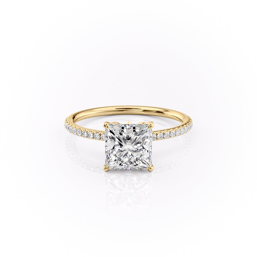 The Pave Lily. A Yellow Gold Nature Engagement Ring Set With A 2ct Princess Lab Grown Diamond. White Background.